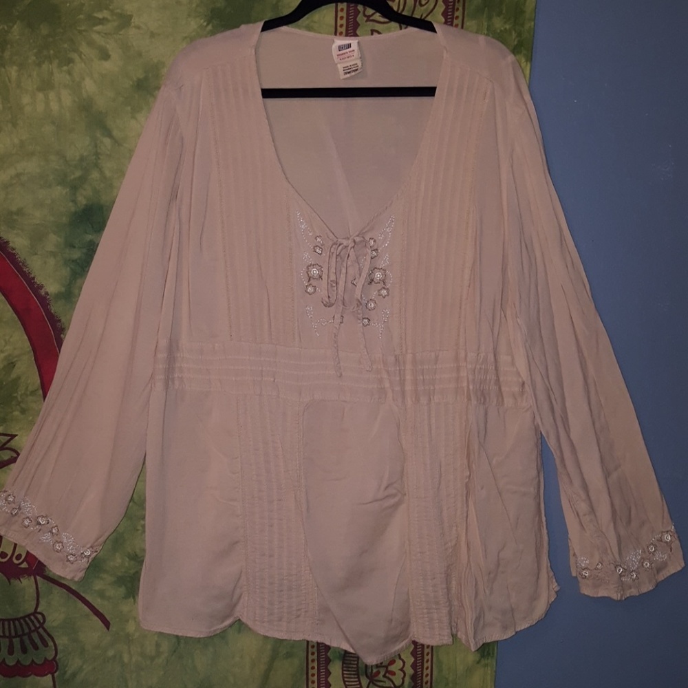 Tan beaded long sleeve peasant top